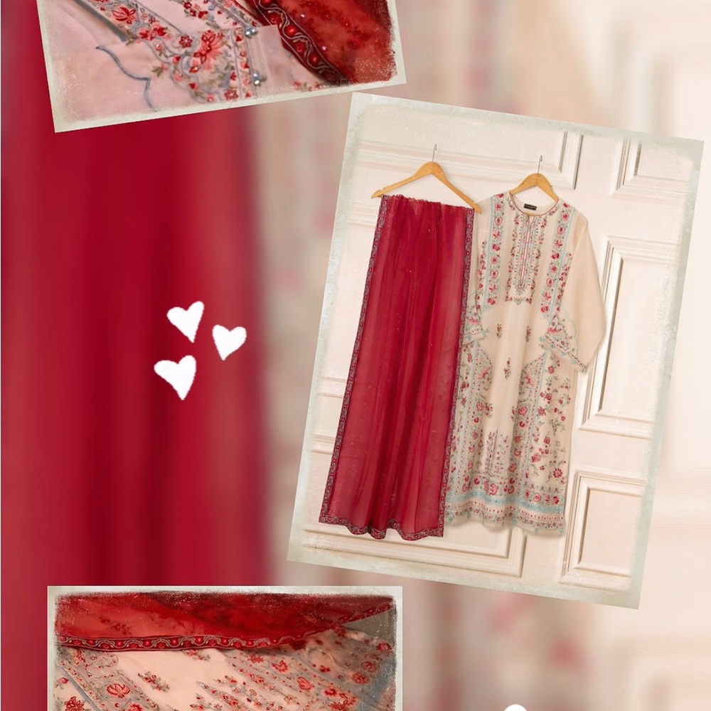 Elegant Red and Cream Embroidered Dress Set